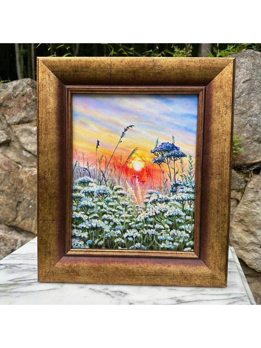 Original 8x10 Oil Sunrise Painting, Framed